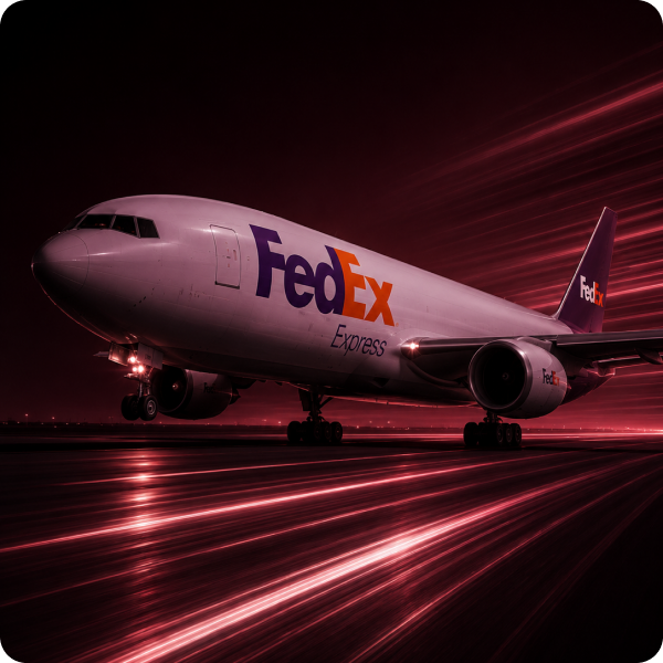FedEx Express aircraft in a red-lit campaign scene